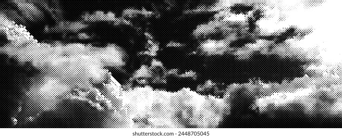 Humo blanco y negro con efecto rasterizado de semitonos y textura de puntos. Cielo dramático y tormentoso. Nubes de niebla en estilo pop art o cómics. Vector retro BG