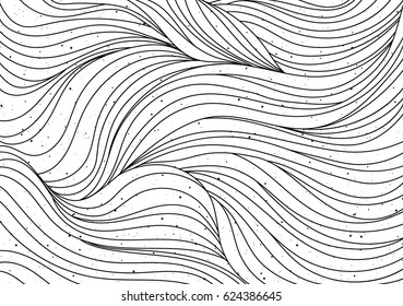 Black and white smooth wave pattern. Curly hair, or sea, ocean motif, abstract background. Perfect for coloring book, or graphic design. Vector illustration.