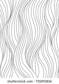 Black and white smooth waves. Abstract background with curly hair, or flow pattern for coloring book, or graphic design. Vector illustration.