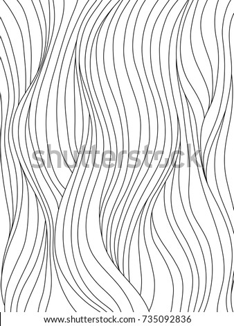 Black and white smooth waves. Abstract background with curly hair, or flow pattern for coloring book, or graphic design. Vector illustration.