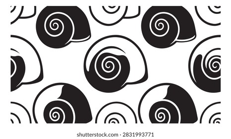 black and white snail shell pattern featuring spiral vector shapes for modern textile or minimalist background design