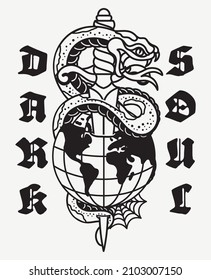 Black and White Snake Around Dagger Tattoo Style Illustration with A Slogan Artwork on White Background for Apparel or Other Uses