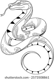 Black and White Snake Chinese Zodiac Year of the Snake. Vector Hand Drawn Illustration Isolated On Transparent Background