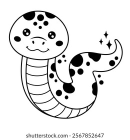 Black and white snake clipart. Cute snake doodle in cartoon flat style. Year of the snake. Chinese zodiac. Hand drawn vector illustration.