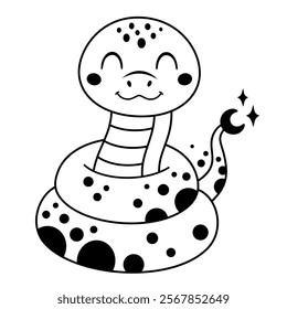 Black and white snake clipart. Cute snake doodle in cartoon flat style. Year of the snake. Chinese zodiac. Hand drawn vector illustration.