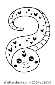 Black and white snake clipart. Cute snake doodle in cartoon flat style. Year of the snake. Chinese zodiac. Hand drawn vector illustration.