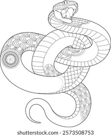 Black And White Snake Illustration Chinese New Year Symbol 2025. Vector Hand Drawn Illustration Isolated On Transparent Background