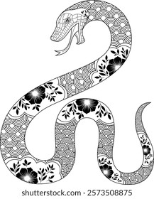 Black And White Snake Illustration Chinese New Year Symbol 2025. Vector Hand Drawn Illustration Isolated On Transparent Background