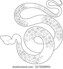 Black And White Snake Illustration Chinese New Year Symbol 2025. Vector Hand Drawn Illustration Isolated On Transparent Background