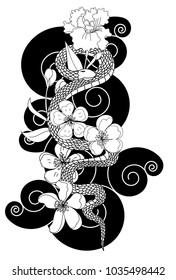 Black and white snake vector with flower and Japanese tattoo design.Silhouette Snake vector illustration on black background.