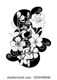 Black and white snake vector with flower and Japanese tattoo design.Silhouette Snake vector illustration on black background.