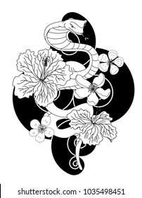 Black and white snake vector with flower and Japanese tattoo design.Silhouette Snake vector illustration on black background.