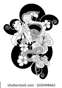 Black and white snake vector with flower and Japanese tattoo design.Silhouette Snake vector illustration on black background.