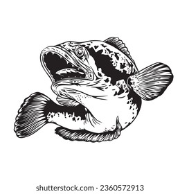 Black white Snakehead fish channa. Image for logo, sticker or shirt design, illustration vector cartoon EPS10.