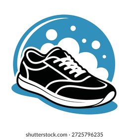Schwarz-weißer Sneaker mit blauweißem Hintergrund und Blasensymbol