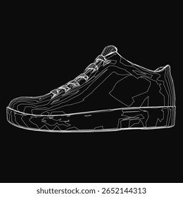 A black and white sneaker drawing stands out against a dark background with intricate details on the laces, tongue, and heel. The high-contrast design emphasizes the shoe's unique silhouette.