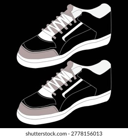 Black and White Sneaker Shoes Vector Illustration Set Isolated on Dark Background