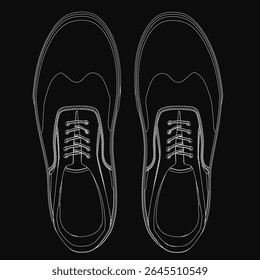 Tênis preto e branco se destacam nitidamente contra um fundo preto, delineado em branco nítido para uma estética limpa e moderna. O design minimalista destaca a silhueta elegante do sapato e elegante.