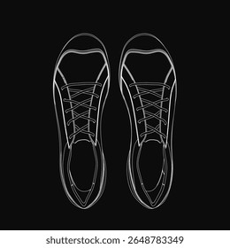 Tênis preto e branco se destacam contra um fundo escuro com contornos brancos nítidos. O design minimalista destaca linhas limpas e estilo moderno. O alto contraste cria um visual impressionante.