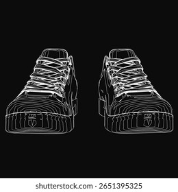 Tênis preto e branco se destacam contra um fundo preto sólido. Os sapatos apresentam uma parte superior preta elegante com cadarços brancos nítidos. O design minimalista destaca linhas limpas e estética moderna.