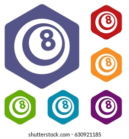 Black and white snooker eight pool icons set hexagon isolated vector illustration
