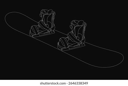 A black and white snowboard rests horizontally with a pair of snowboard boots placed on top, creating a sleek winter sports composition. The monochrome aesthetic highlights clean lines and textures.