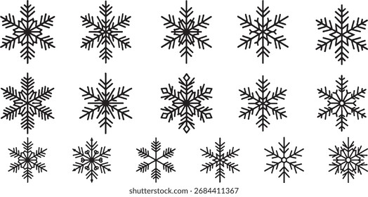 Desenhos em floco de neve preto e branco, cada um único em sua estrutura cristalina e simetria.