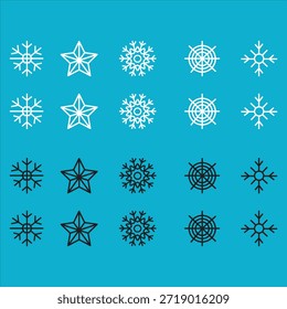 Conjunto de iconos de copo de nieve en blanco y negro con diseños de símbolos de invierno limpios, modernos y mínimos. Esta colección incluye copos de nieve geométricos, íconos de nieve en forma de estrella, Elementos circulares de invierno y patrones de nieve abstractos. Diseñados en estilo de contorno y línea mono, estos iconos son perfectos para proyectos de temporada invernal, decoraciones navideñas, tarjetas de felicitación navideñas, Sitios web, App móviles, logotipos, interfaces de usuario, infografías, carteles, Anuncios y diseños de redes sociales