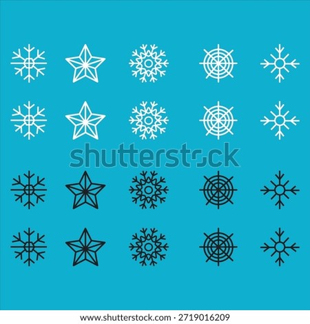 Black and white snowflake icon set featuring clean, modern, and minimal winter symbol designs. This collection includes geometric snowflakes, star shaped snow icons, circular winter elements, and abstract snow patterns. Designed in outline and mono line style, these icons are perfect for winter season projects, Christmas decorations, holiday greeting cards, websites, mobile apps, logos, user interfaces, info graphics, posters, banners, and social media designs