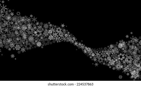 Black and white snowflakes background. Set of white snowflakes on black background. Winter abstract wave.