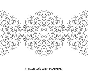 Black and white snowflakes for coloring book. Christmas decorations, border. Vector illustration