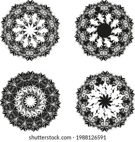 Black and white snowflakes with an unusual pattern for holidays and events. Decorative snowflakes or flowers, like lace for greeting cards, textiles, wallpaper, backgrounds and textures, tattoos, etc.