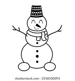 Black and white Snowman clipart, cute winter character. Christmas snowman doodle. Hand draw vector illustration in flat style