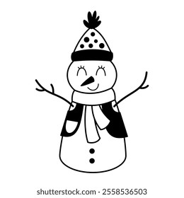 Black and white Snowman clipart, cute winter character. Christmas snowman doodle. Hand draw vector illustration in flat style