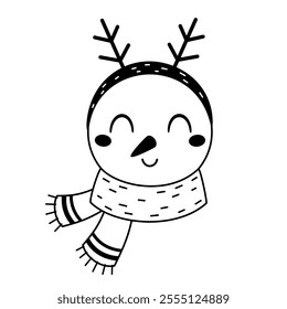 Black and white snowman face clipart. Snowman doodle. Cute winter character. Hand draw vector illustration in flat style	
