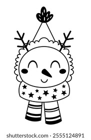 Black and white snowman face clipart. Snowman doodle. Cute winter character. Hand draw vector illustration in flat style	
