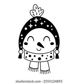 Black and white snowman face clipart. Snowman doodle. Cute winter character. Hand draw vector illustration in flat style	
