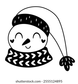 Black and white snowman face clipart. Snowman doodle. Cute winter character. Hand draw vector illustration in flat style	
