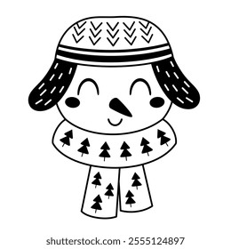 Black and white snowman face clipart. Snowman doodle. Cute winter character. Hand draw vector illustration in flat style	
