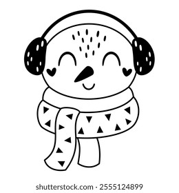 Black and white snowman face clipart. Snowman doodle. Cute winter character. Hand draw vector illustration in flat style	
