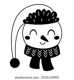 Black and white snowman face clipart. Snowman doodle. Cute winter character. Hand draw vector illustration in flat style	
