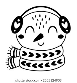 Black and white snowman face clipart. Snowman doodle. Cute winter character. Hand draw vector illustration in flat style	
