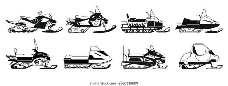 Black And White Snowmobiles. Winter Vehicles For Navigating Snow-covered Terrain, Feature Skis At The Front