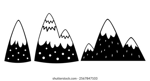 Black and white Snowy Mountains clipart, cute arctic object. Hand draw vector illustration in flat style