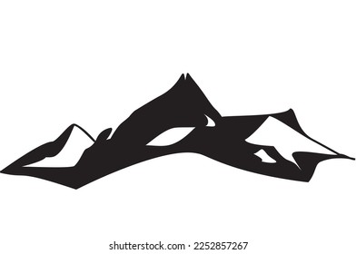 Black and white snowy mountains silhouette. Nature illustration. Vector snowy mountains silhouette for icon, logo, travel poster, tourism card. Winter landscape, firs snow, winter travel. 

