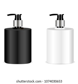 Black And White Soap Bottle Mockup. Vector Illusrtation. 3d Realistic Bottles With Pump Set For Soap, Cream, Liquid, Isolated On White Background.