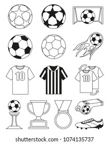 Black and white soccer 14 elements set. Sport vector illustration for icon, sticker sign, patch, certificate badge, gift card, stamp logo, label, poster, web banner, flayer