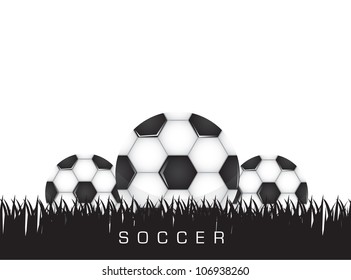 Black and white soccer background with three balls, space to insert text or design, Vector illustration