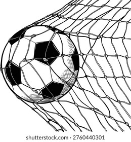 Black and white soccer ball caught in net with clean white background goal sport
