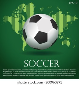 black and white soccer ball or football on background of green field pattern world map, vector illustration